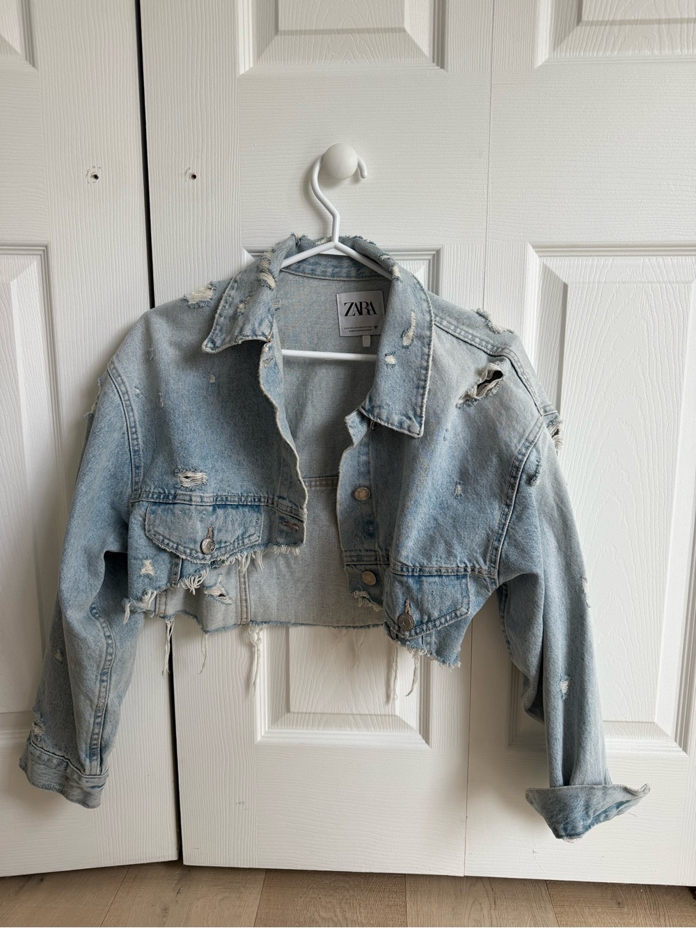 Zara Light Blue Distressed Cropped Denim Jacket